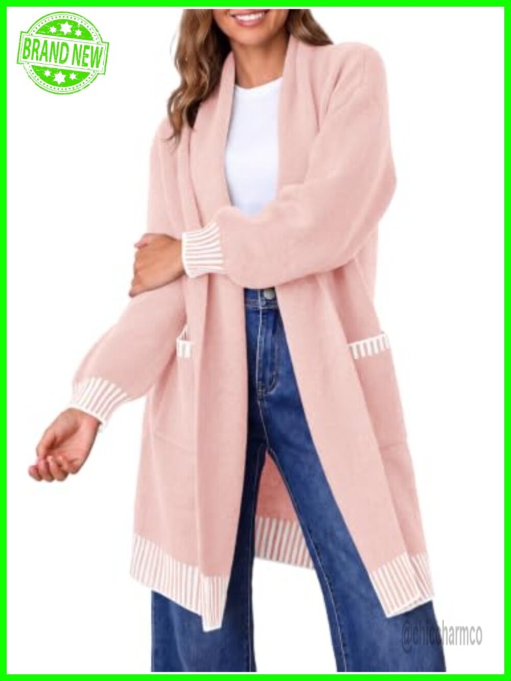 Oversized Open Front Cardigan Striped Patchwork Long Sleeve Sweater with Pockets